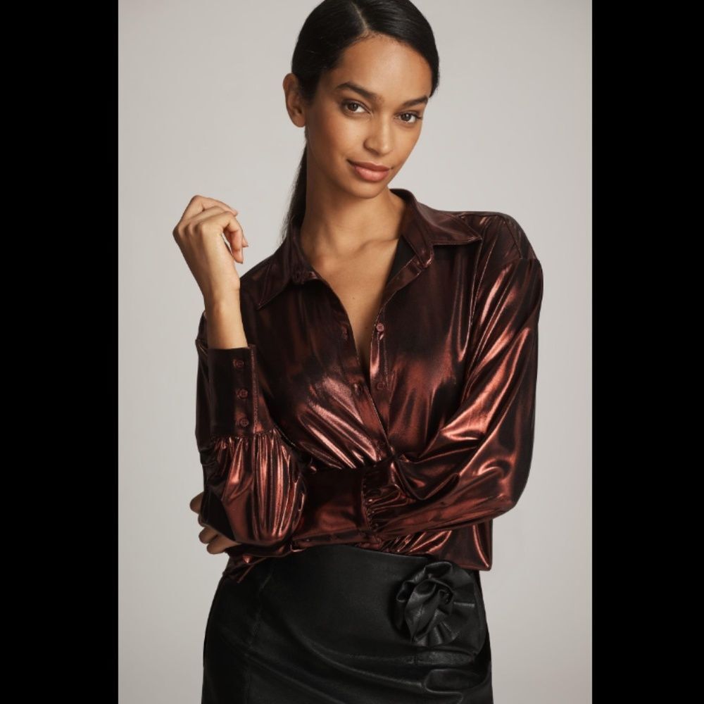 Anthropologie Metallic Copper Button Down Shirt